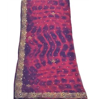 Sanskriti Vintage Dupatta Long Stole Pure Chiffon Silk Hand Beaded Tie - Dye Veil 3