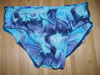 Speedo Vintage Swimsuit Brief Size 32 Nylon Spandex Racing Swim Suit Purple Aqua