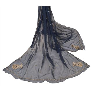 Sanskriti Vintage Dupatta Long Stole Net Mesh Blue Hand Beaded Ethnic Scarves 3