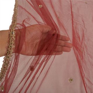 Sanskriti Vintage Dupatta Long Stole Net Mesh Dark Red Hand Beaded Scarves 3