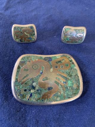 Vintage Taxco (mark = Apb) Silver Pin/pendant,  Earrings - Sterling 925 Turquoise