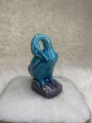 Vintage Majolica Blue Turquoise Glazed Mud Duck Bird Figurine Chinese