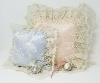 Vintage 2 Victorian Style Lace Pillow Set Creme Lace Pink Blue Satin