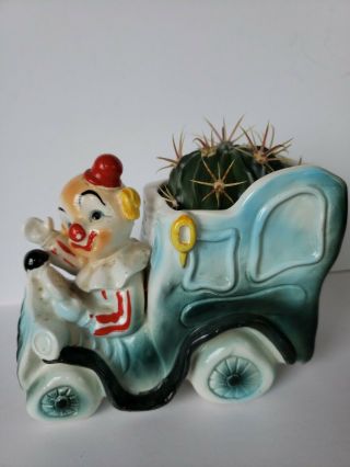 Vintage Relpo 5830 Clown Car Train Ceramic Planter Blue Kitschy