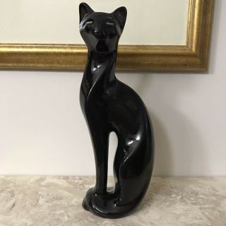 Vintage Mid Century Modern Black Ceramic Panther Cat Figurine Green Eyes Sleek