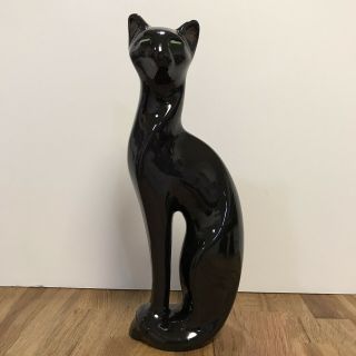 Vintage Mid Century Modern Black Ceramic Panther Cat Figurine Green Eyes Sleek 2