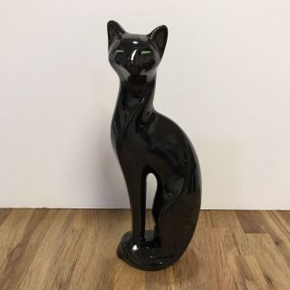 Vintage Mid Century Modern Black Ceramic Panther Cat Figurine Green Eyes Sleek 3