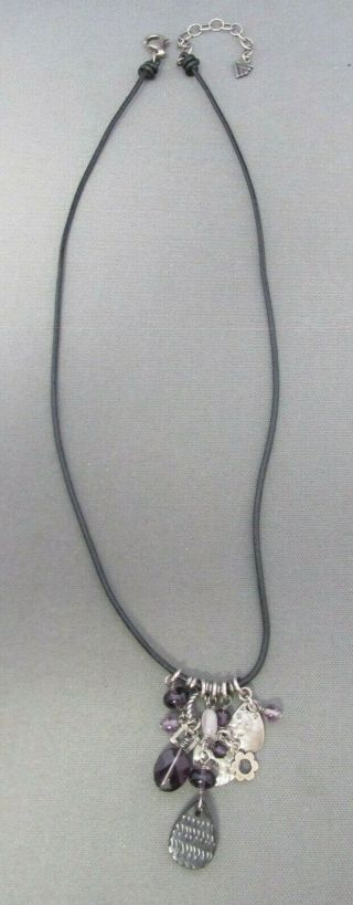 Vintage Silpada Sterling Black Leather Cord Amethyst Tassel Pendant Necklace