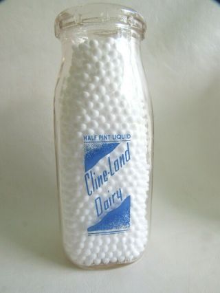 Vtg Clear Glass Half Pint Milk Bottle For Cline - Land Dairy,  Waco,  Nc.  Blue Pyro