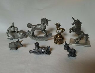 7 Vintage Unicorns - Pewter,  Gold Colored Unicorn Figurines London Pewter (aa1)