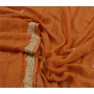 Sanskriti Vintage Dupatta Long Stole Pure Chiffon Silk Peach Hand Beaded Scarves 3