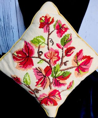 Pillow Needlepoint Vintage Fall Leaves Multi Color14x14” Collectible Handmade