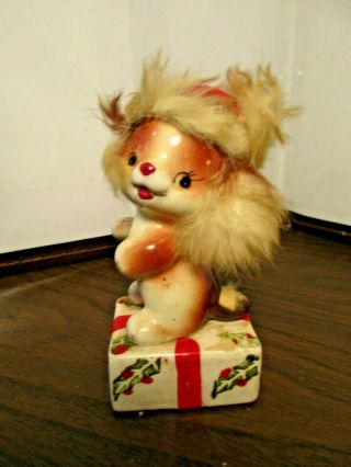 Vintage Ucagco Ceramic Christmas Figurine Puppy Dog Sitting On Christmas Present