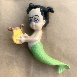 Vintage Mermaid Babe 50s Ceramic Wall Plaque Hanging Harp Funky Mcm Baby Oddity