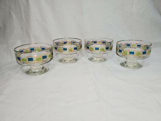 4 Vintage Libbey Nordic Glass Mid Century Blue Green Gold Trim Sherbet Cups,  Set