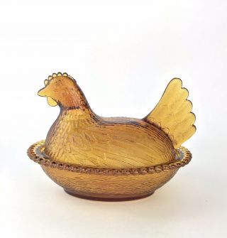 Indiana Glass Amber Gold Hen Chicken On Nest Covered Candy Bowl Dish Vintage