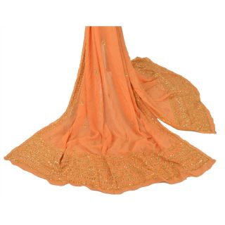Sanskriti Vintage Dupatta Long Stole Pure Georgette Silk Peach Hand Beaded Veil