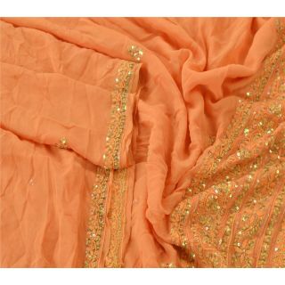 Sanskriti Vintage Dupatta Long Stole Pure Georgette Silk Peach Hand Beaded Veil 3