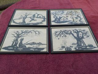 Vtg Silhouette Style Pictures Four Seasons Black On Cloth Material Framed