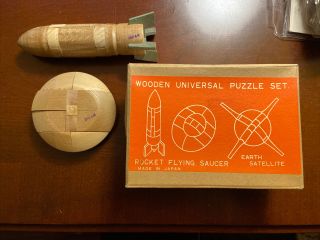 Vintage Kumiki Wooden Universal Puzzle Set Rocket Flying Saucer Made In Japan