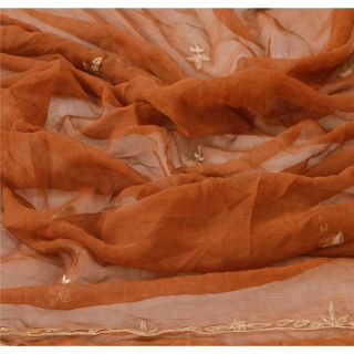 Sanskriti Vintage Dupatta Long Stole Pure Chiffon Silk Brown Hand Beaded Shawl 2
