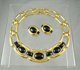 Vintage Nos Couture Set Gold Tone Chunky Black Cabs Necklace Clip Earrings 4724