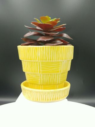 Vtg Mccoy Basketweave Yellow Flower Pot/planter W/saucer 4 " Vibrant Gloss Glaze