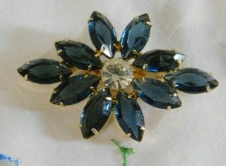 Vintage Sapphire Blue Glass Clear Crystal Rhinestone Brooch Prong Set Open Back