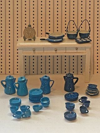 Vintage Dollhouse Blue Spatter Metal Pans Pots Rack Kitchen Accessories 1:12
