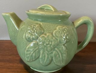 Vintage Brush Mccoy 5f Usa Green Pottery Teapot 6 Cup Embossed Flowers