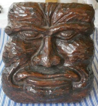 Antique Gothic Carved Wood Ugly Face Wall Plaque