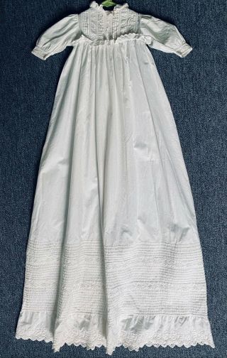 Antique 42 " Baby Christening Dress W Embroidery Details,  C.  Late 1800s -