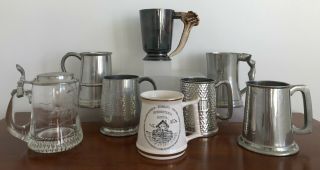 8 X Vintage/antique Pewter/glass/ceramic Beer Mugs/jugs/tankards