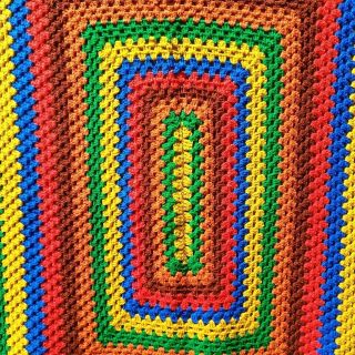 Vtg Handmade Crochet Afghan Throw Blanket Yellow Brown Blue Red Orange 64 " X80 "