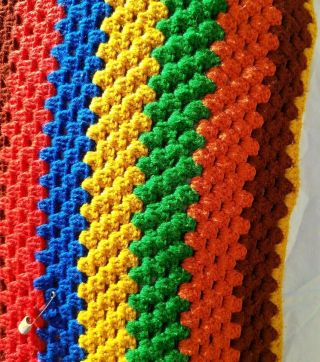 VTG Handmade Crochet Afghan Throw Blanket Yellow Brown Blue Red Orange 64 
