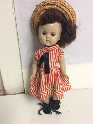 Vintage Vogue " Ginny " Walker Doll Wearing A Striped Red Dress & Black Shoes 7.  5”