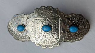 Vintage Southwestern Barrette Silver Tone Faux Turquoise Aztec Mayan 4 " X 1 7/8 "
