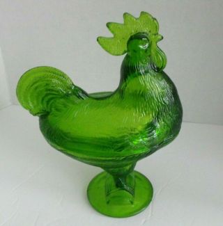 Vintage Kanawha Glass Standing Rooster Green Candy Dish Lidded 9.  5 " Tall
