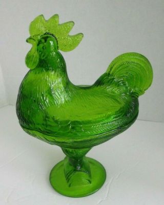 Vintage Kanawha Glass Standing Rooster Green Candy Dish Lidded 9.  5 