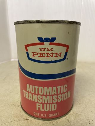Vintage Metal 1 Quart Wm.  Penn Automatic Transmission Fluid Motor Oil Can Full