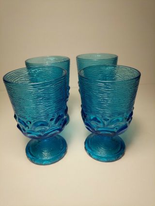 Vintage Blue Water Glasses,  Goblet Style.  Set Of 4