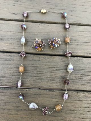 Vintage Estate Vendome Art Glass Ab Crystal Beaded Necklace Earrings Set