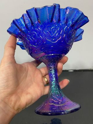 Vintage Fenton Cobalt Blue Carnival Iridescent Ruffle Compote Footed Bowl