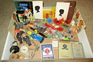 Vtg Junk Drawer Toys Doll Fountain Pen Miniatures Playing Cards Postcard Flea