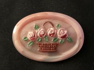 Vintage Moonglow Glass Button Pink Roses In Basket Large,  1 1/2 "