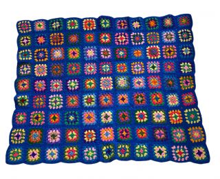 Vintage Handmade Crocheted Granny Square Afghan Blanket Throw 42”x 50”blue