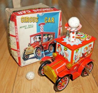Vintage Ko Yoshiya Circus Car Clockwork Tinplate Toy C.  1960 