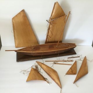 Vtg 18 " Wooden Sailboat Model Sailboat W/ Stand - Wooden Sails -