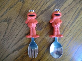 Elmo Sesame Street Child Toddler Fork & Spoon Set Vintage Easy To Hold Euc