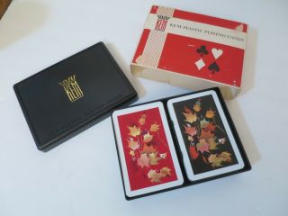 Vintage Kem Plastic Coated Playing Card 2 Deck Set Maple Leaves In Orig Box 1965